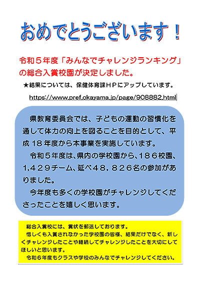 令和5年度「みんなでチャレンジランキング」の総合入賞校が決定しました。